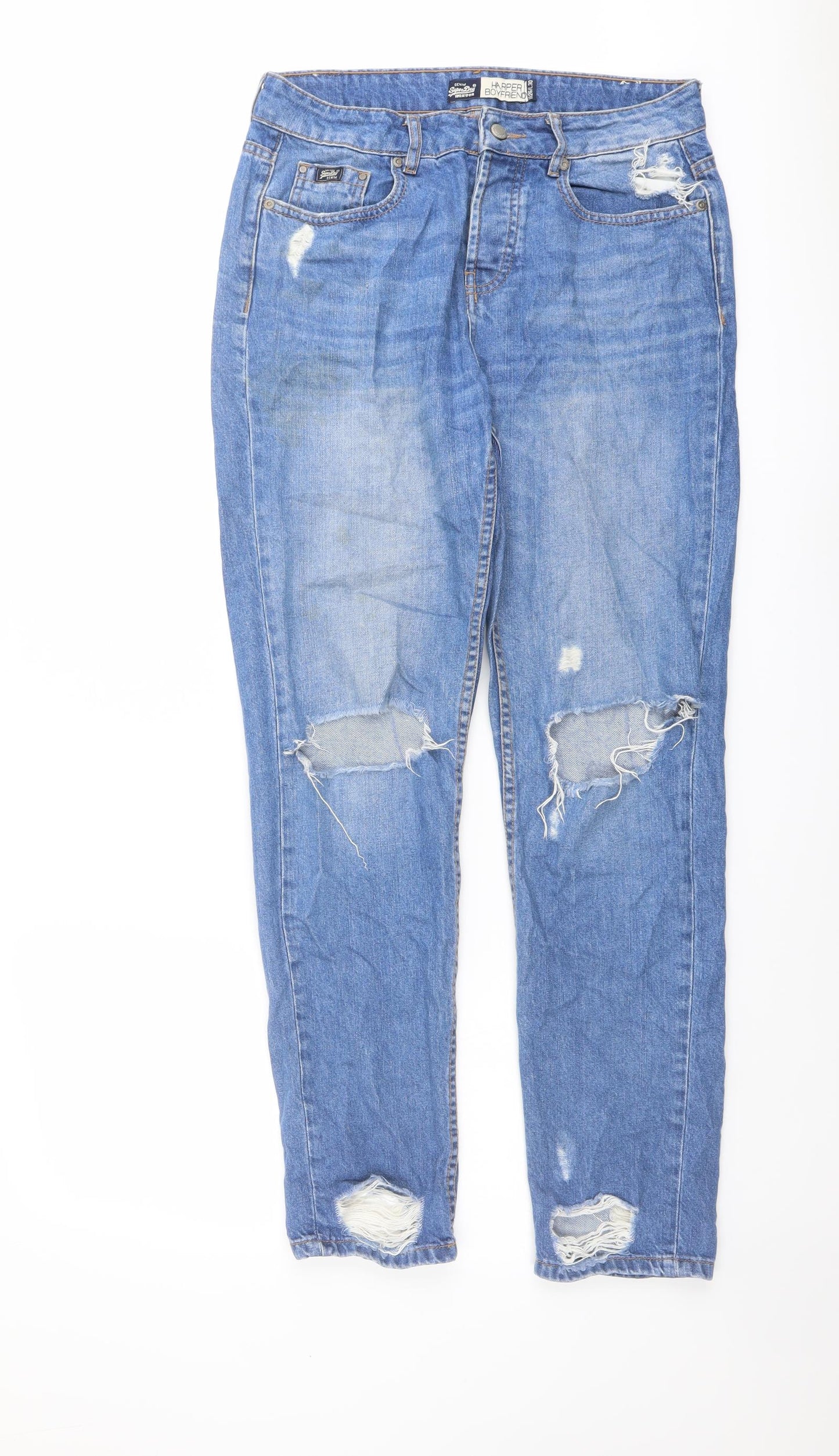 Superdry Womens Blue Cotton Boyfriend Jeans Size 26 in L30 in Regular Button