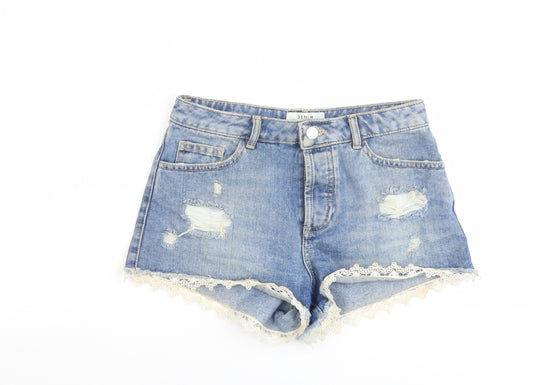 Miss Selfridge Womens Blue Cotton Hot Pants Shorts Size 10 L3 in Regular Button - Distressed