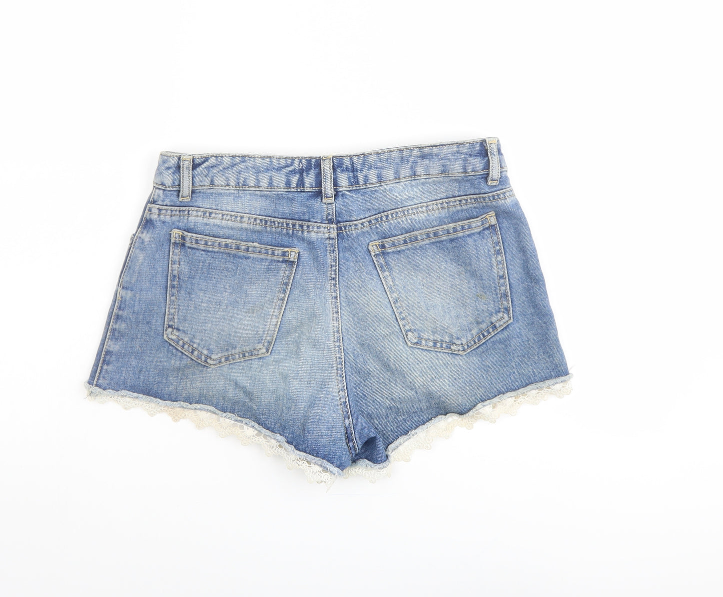 Miss Selfridge Womens Blue Cotton Hot Pants Shorts Size 10 L3 in Regular Button - Distressed