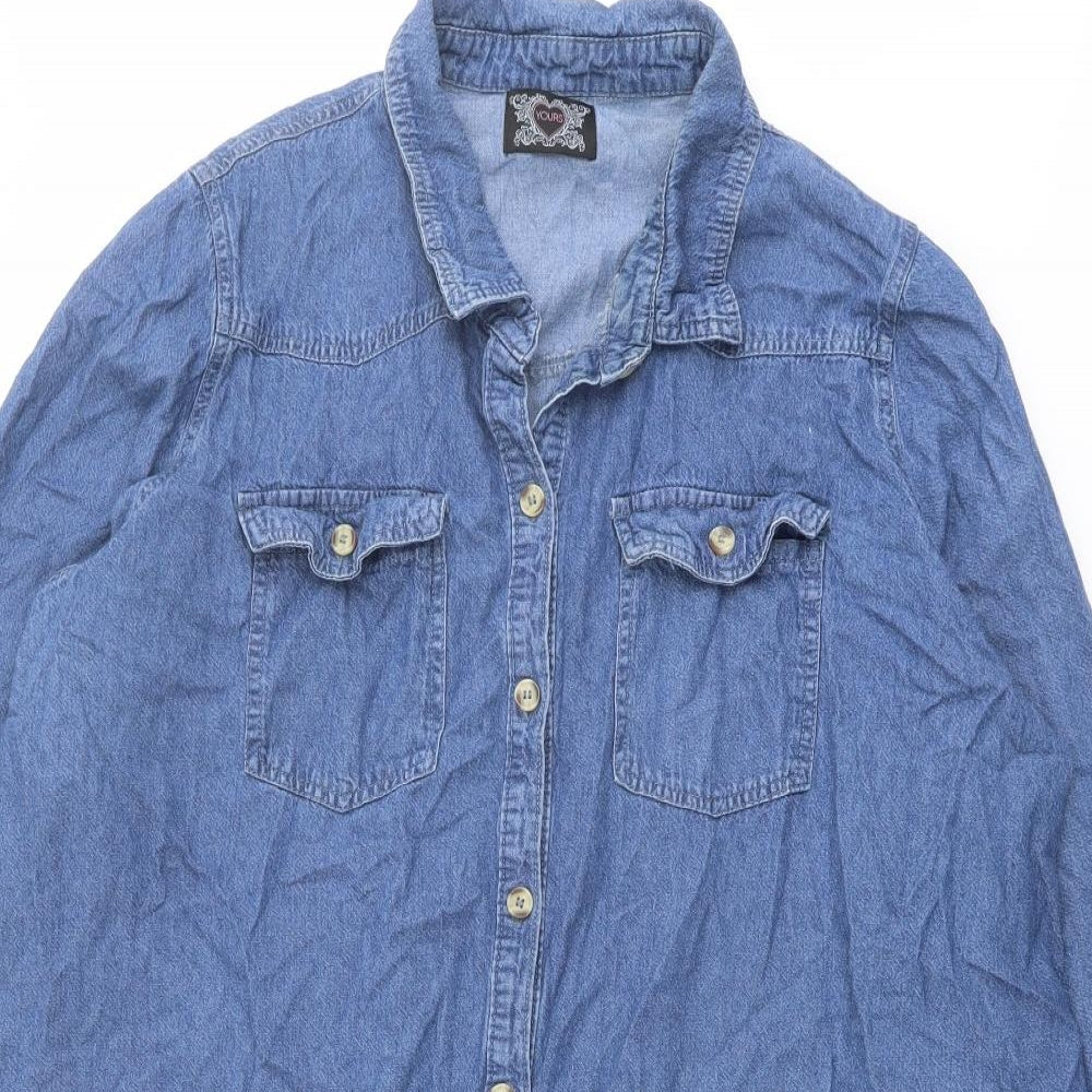 Yours Womens Blue Cotton Basic Button-Up Size 24 Collared