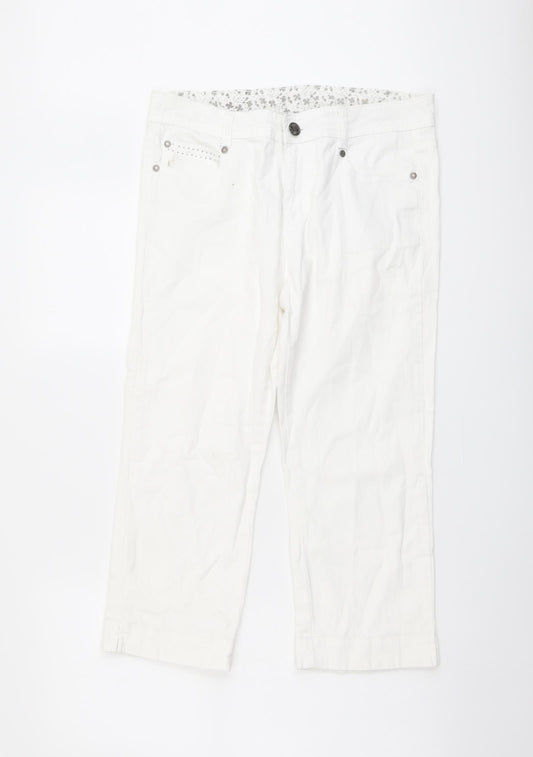 Debenhams Womens White Cotton Capri Jeans Size 12 L22 in Regular Button