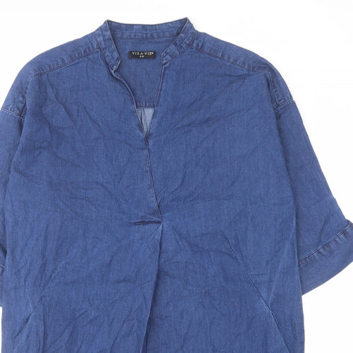 VIZ-A-VIZ Womens Blue Cotton Kaftan Size 8 V-Neck Pullover