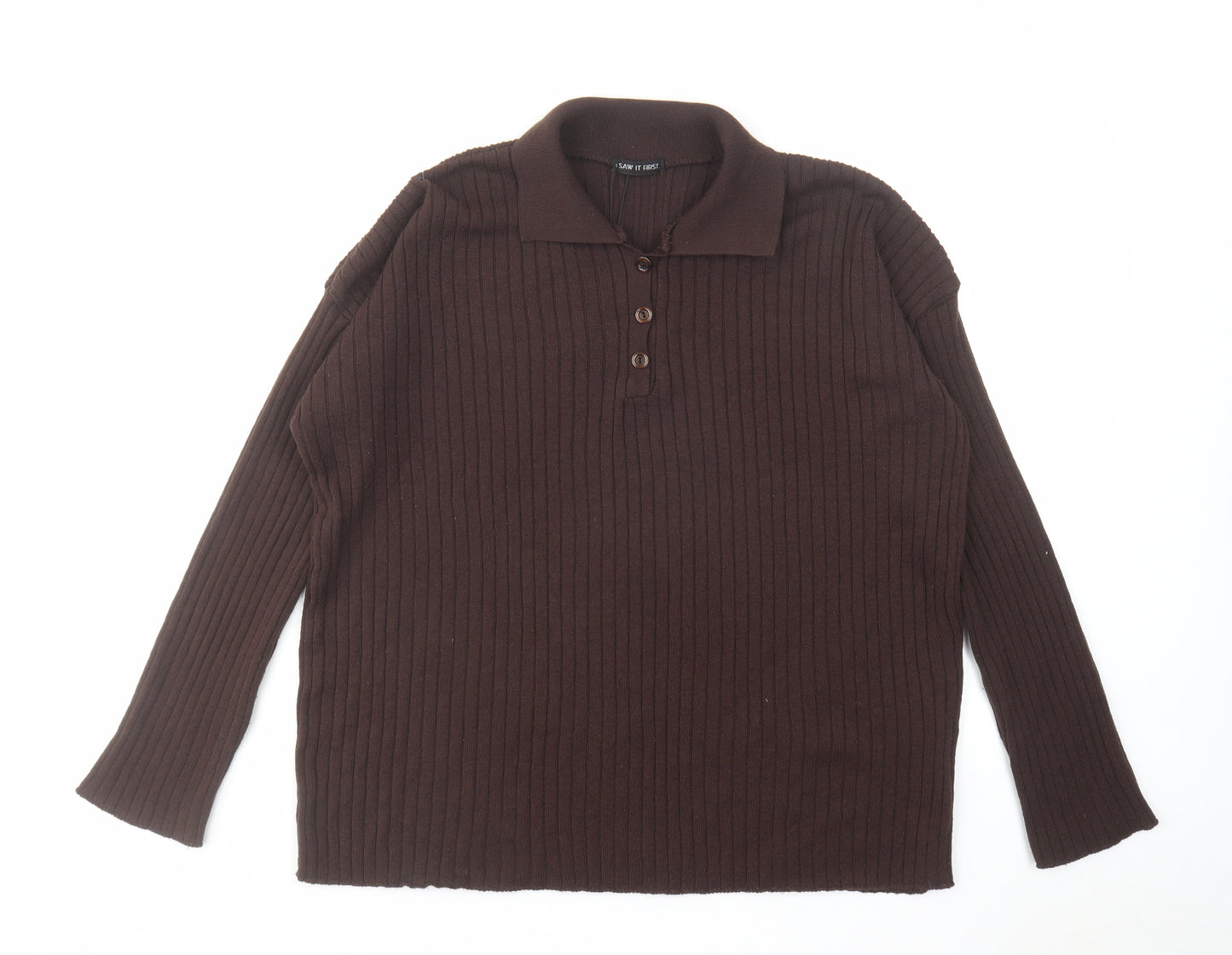 I SAW IT FIRST Womens Brown Acrylic Basic Polo Size 14 Collared - Ribbed