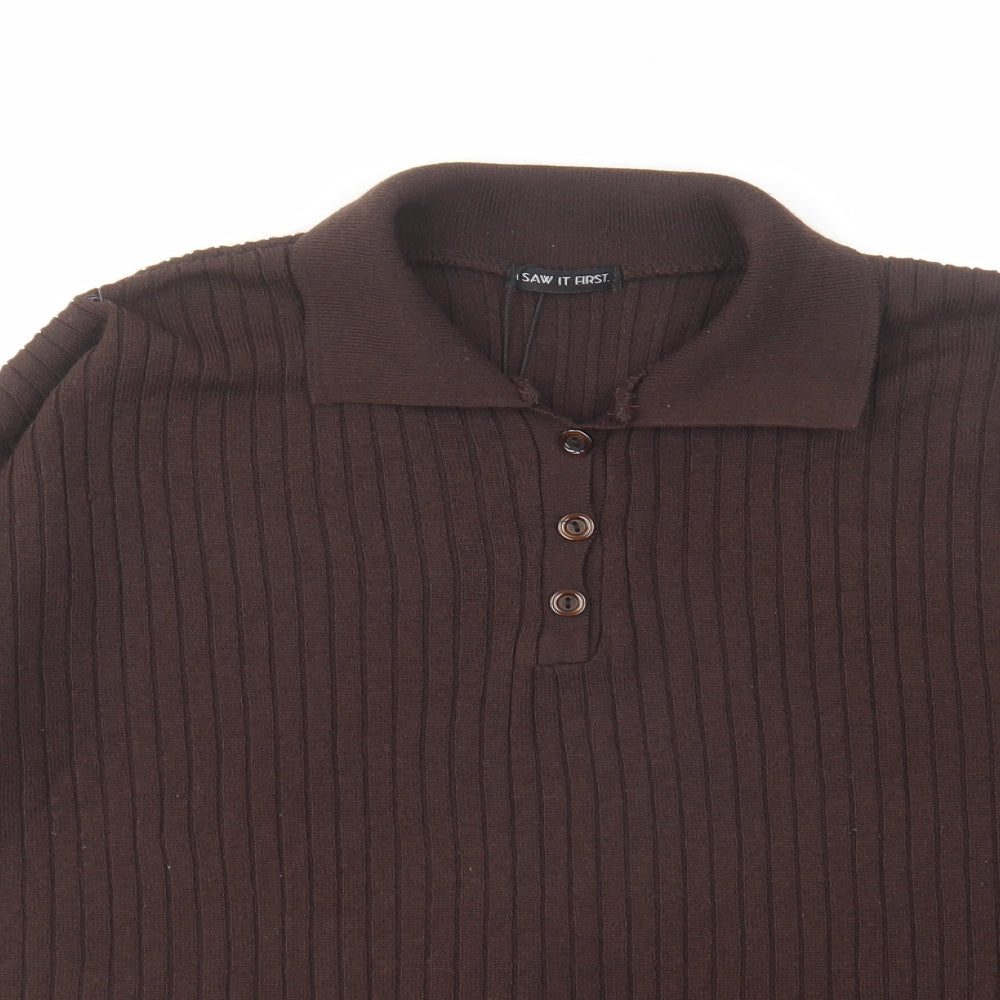 I SAW IT FIRST Womens Brown Acrylic Basic Polo Size 14 Collared - Ribbed
