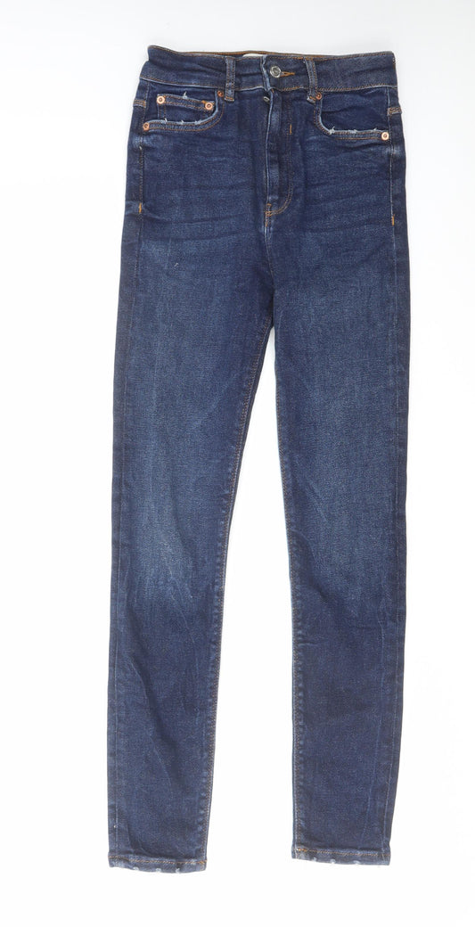 Zara Womens Blue Cotton Skinny Jeans Size 6 L27 in Regular Zip - Distressing on Pockets and Hems