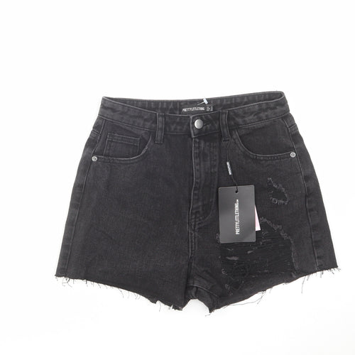 PRETTYLITTLETHING Womens Black Cotton Cut-Off Shorts Size 8 L3 in Regular Zip - Distressed