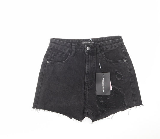 PRETTYLITTLETHING Womens Black Cotton Cut-Off Shorts Size 8 L3 in Regular Zip - Distressed