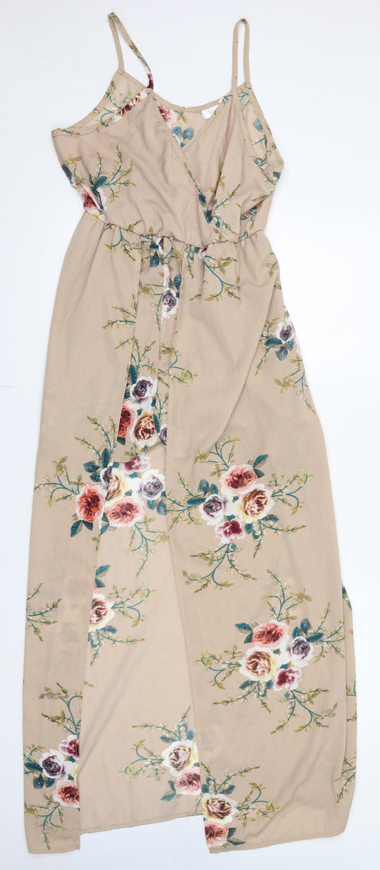 Vicabo Womens Beige Floral Polyester Slip Dress Size 14 V-Neck Pullover - Open Front Skort Style