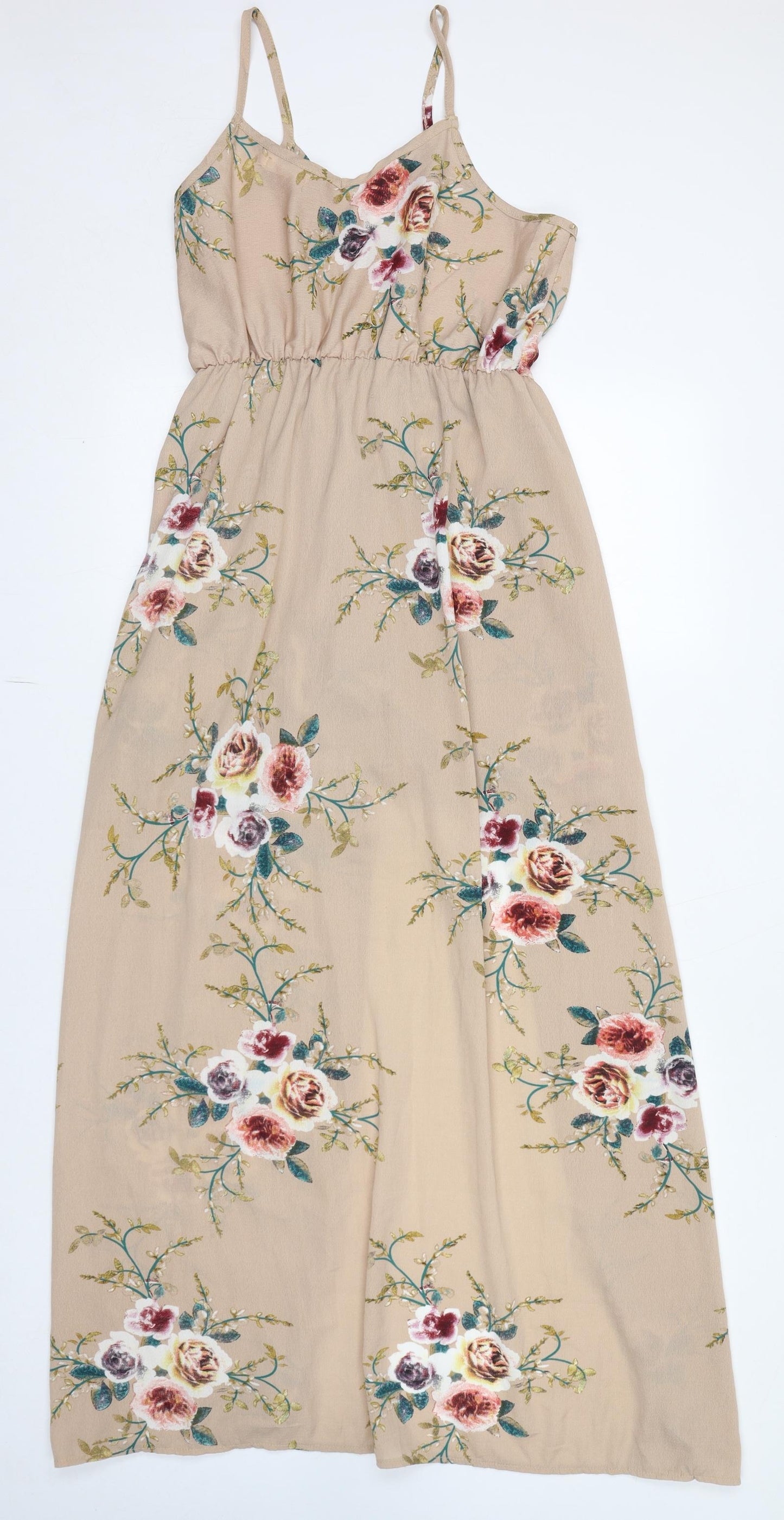 Vicabo Womens Beige Floral Polyester Slip Dress Size 14 V-Neck Pullover - Open Front Skort Style