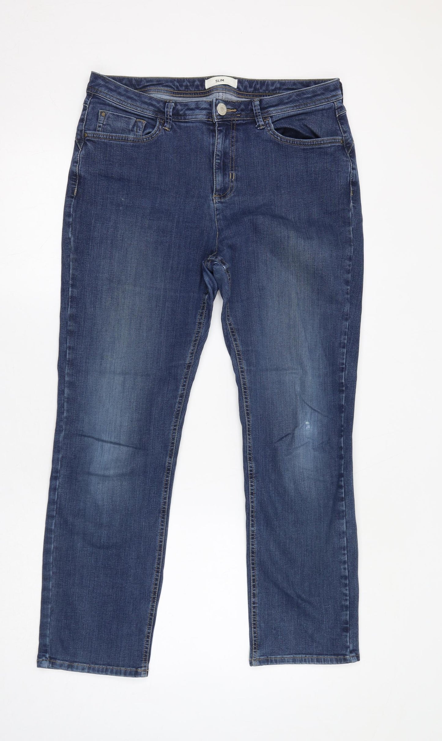 Marks and Spencer Womens Blue Cotton Straight Jeans Size 14 L28 in Slim Zip