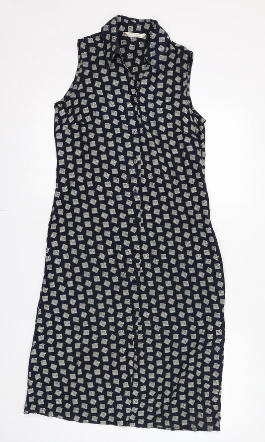 St Michael Womens Black Geometric Viscose Shirt Dress Size 8 Collared Button