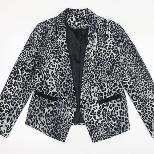 Wallis Womens Grey Animal Print Jacket Blazer Size 14 - Snow Leopard Print