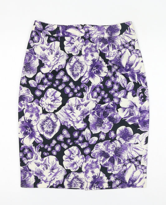 Debenhams Womens Purple Floral Cotton Straight & Pencil Skirt Size 10 Zip