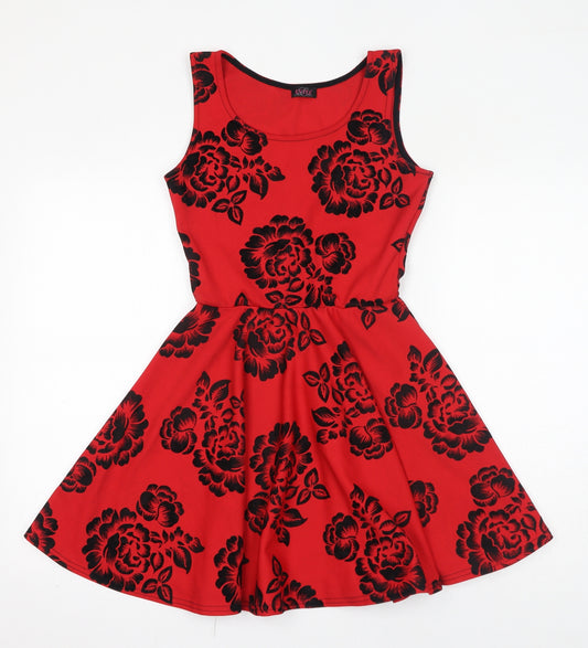 Evita Womens Red Floral Polyester Skater Dress Size 10 Scoop Neck Pullover