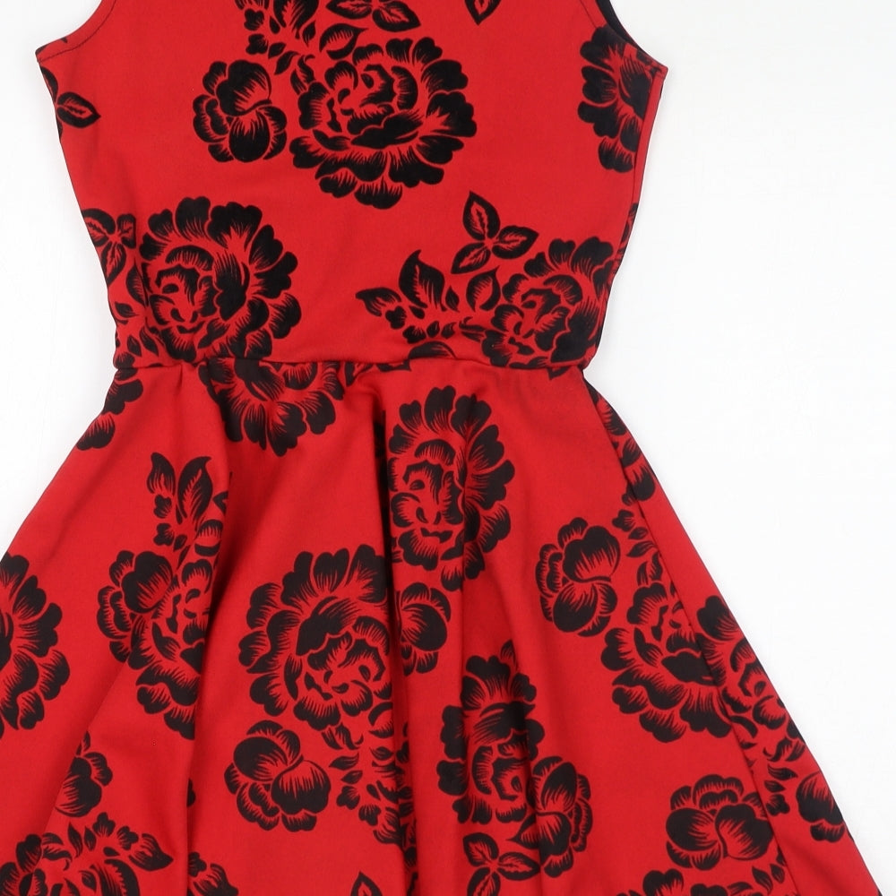 Evita Womens Red Floral Polyester Skater Dress Size 10 Scoop Neck Pullover