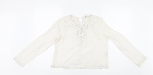 Zara Womens Ivory Cotton Basic Blouse Size M Scoop Neck - Lace Detail