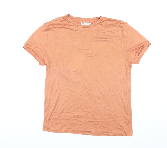 Zara Womens Orange Viscose Basic T-Shirt Size M Round Neck