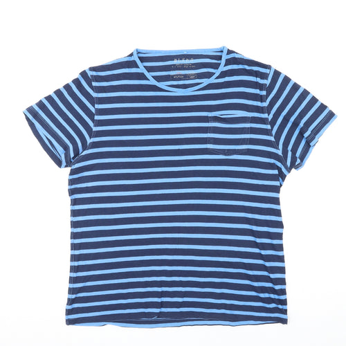 Blend Mens Blue Striped Cotton T-Shirt Size L Round Neck