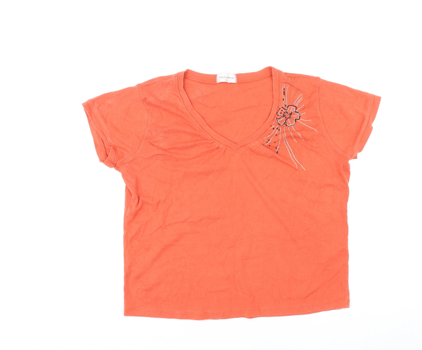 The Stock Shop Womens Orange Cotton Basic T-Shirt Size 20 V-Neck - Floral Detail