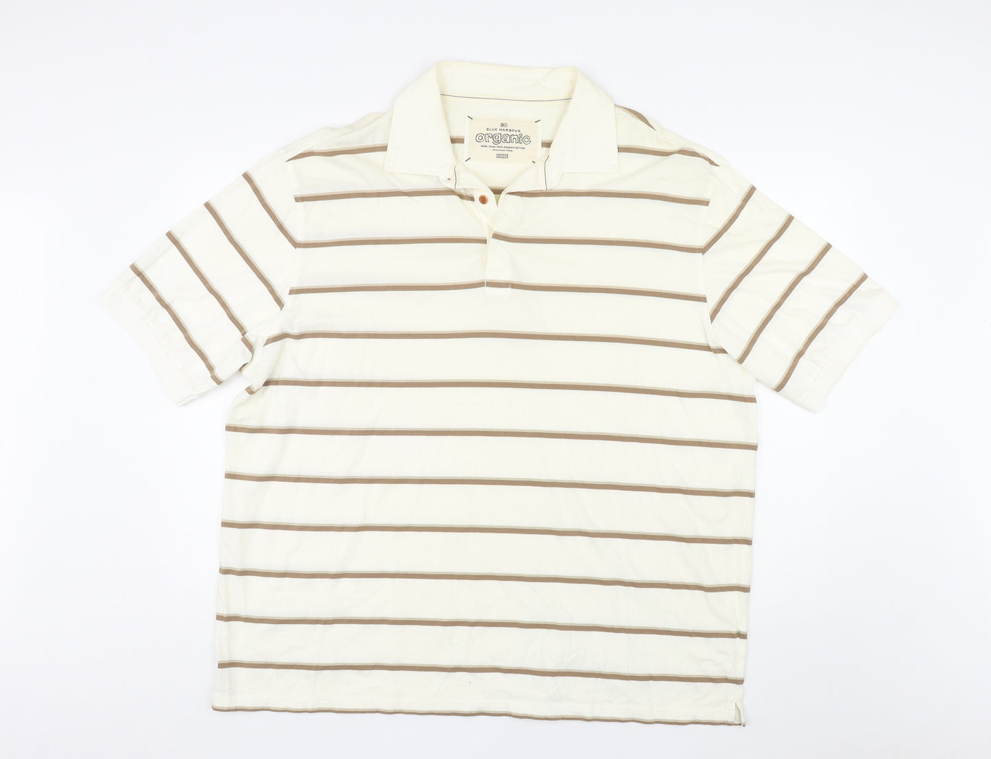Blue Harbour Mens Beige Striped Cotton Polo Size 2XL Collared Button