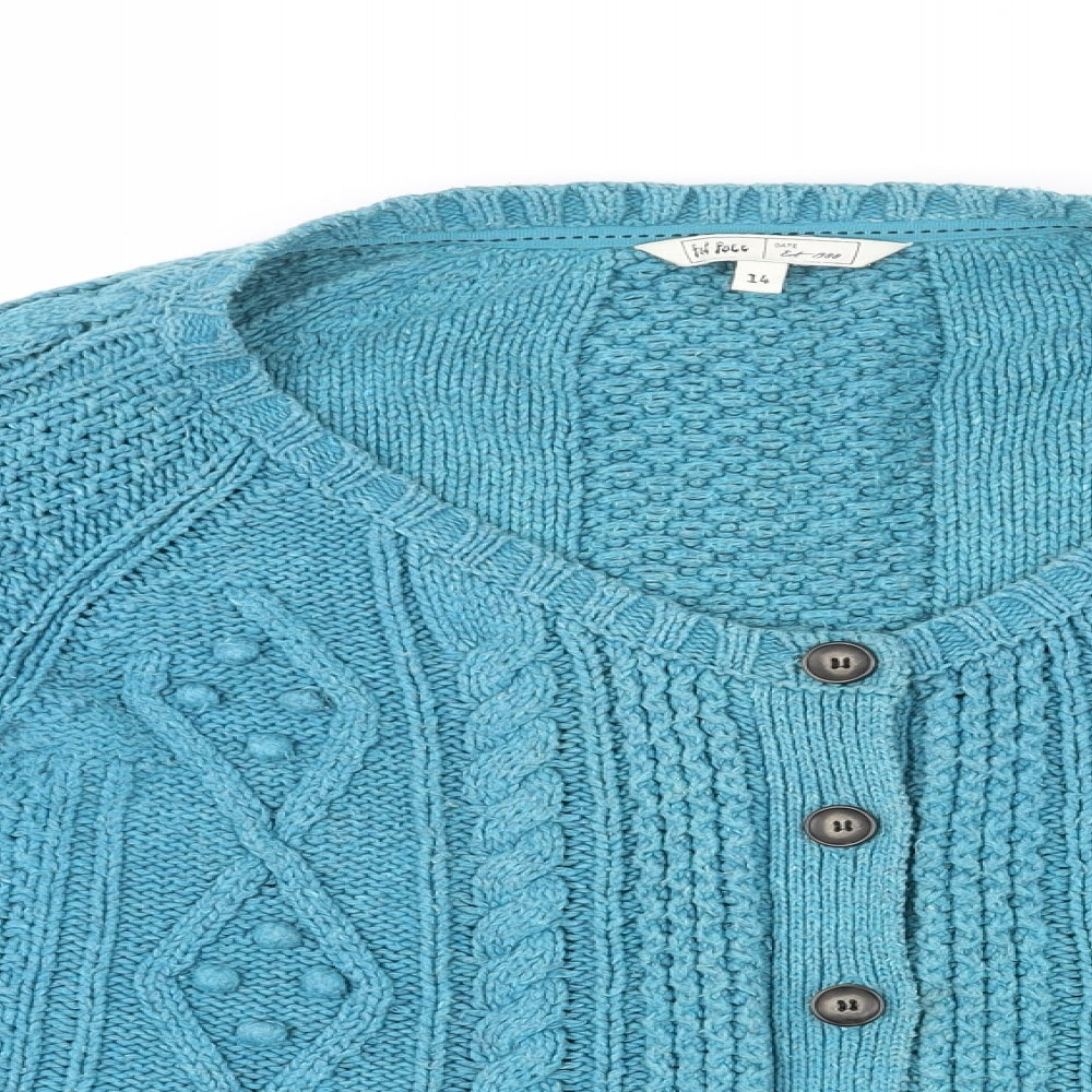 Fat Face Womens Blue Round Neck Cotton Cardigan Jumper Size 14