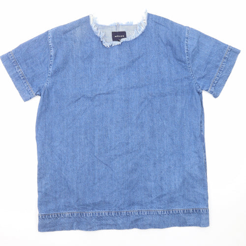 Waven Womens Blue Cotton T-Shirt Dress Size S Round Neck Pullover - Distressed Neckline