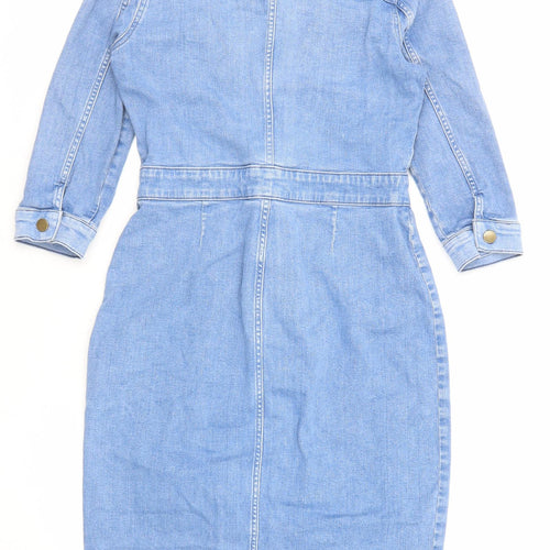 Sosandar Womens Blue Cotton Pencil Dress Size 10 Collared Button
