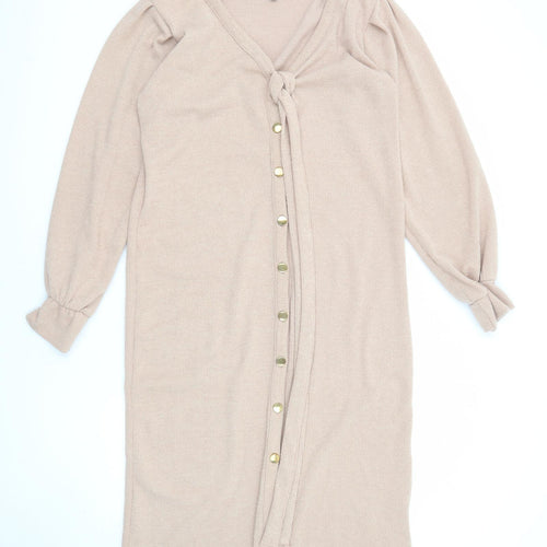 Lipsy Womens Beige Acrylic Jumper Dress Size 16 V-Neck Button - Ribbed Tie Detail
