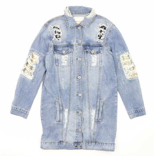 Queen of Hearts Womens Blue Cotton Jacket Size S Button - Distressed Denim, Sequins