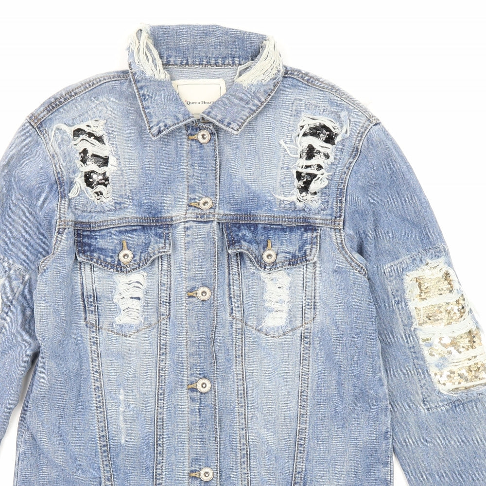 Queen of Hearts Womens Blue Cotton Jacket Size S Button - Distressed Denim, Sequins