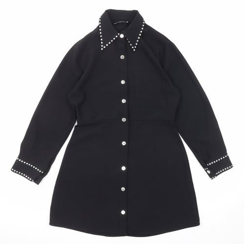 Zara Womens Black Polyester Shirt Dress Size M Collared Button