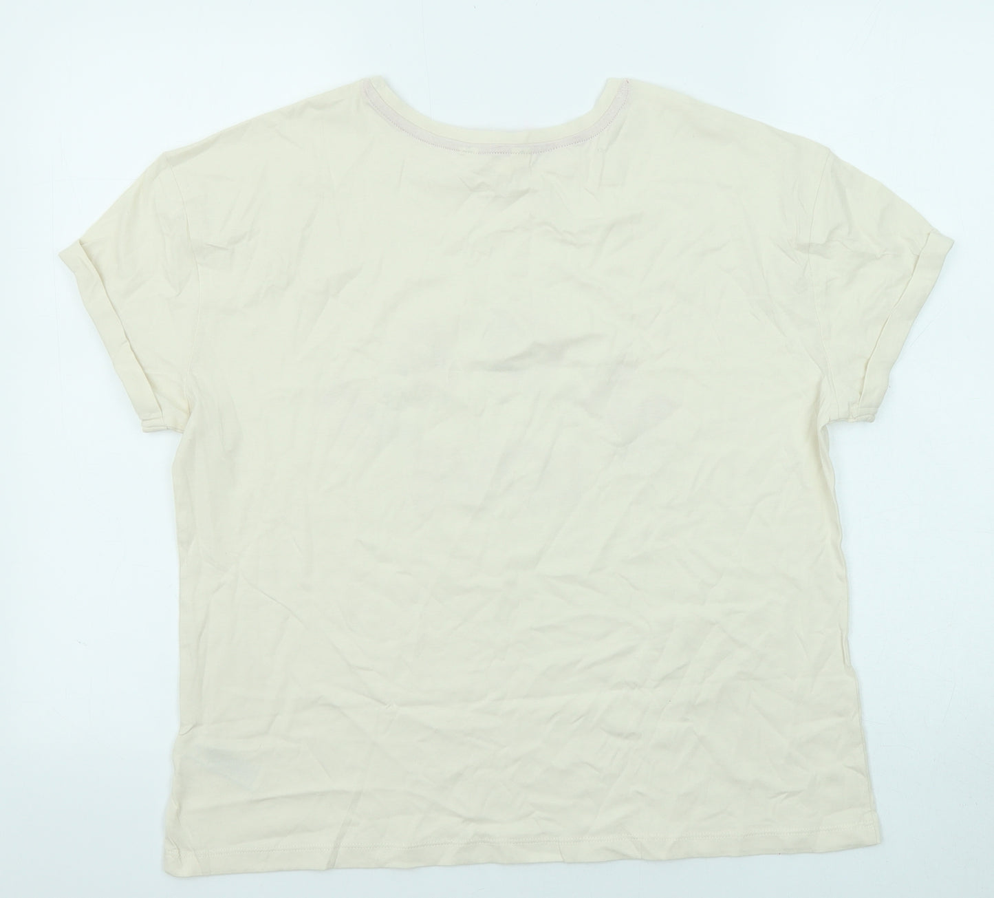 Marks and Spencer Womens Beige Cotton Basic T-Shirt Size M Round Neck - More Love Rolled Sleeve