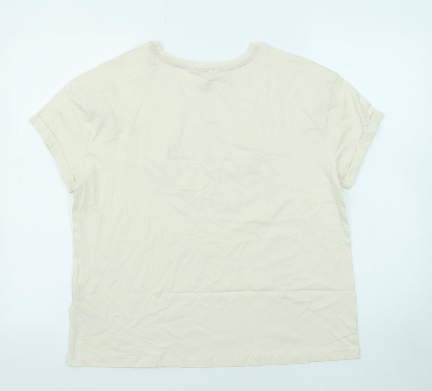 Marks and Spencer Womens Beige Cotton Basic T-Shirt Size M Round Neck - More Love Rolled Sleeve