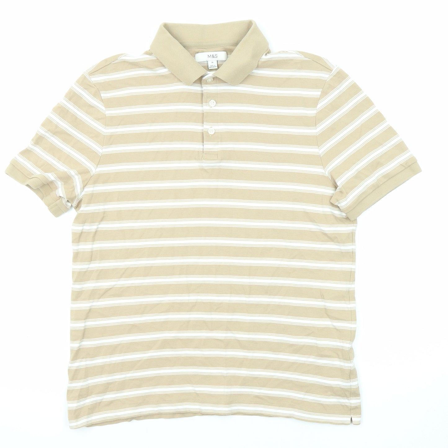 Marks and Spencer Mens Beige Striped Cotton Polo Size M Collared Button