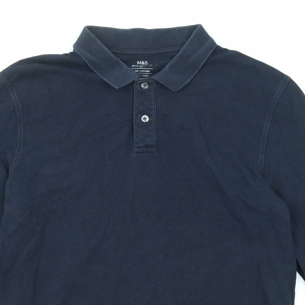 Marks and Spencer Mens Blue Cotton Polo Size M Collared Button