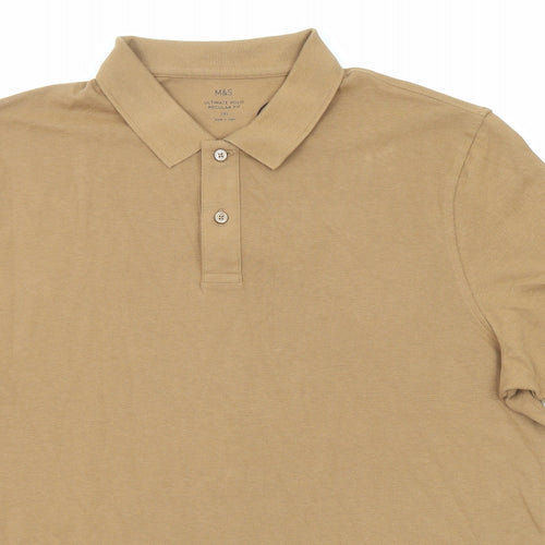 Marks and Spencer Mens Brown Cotton Polo Size 2XL Collared Button
