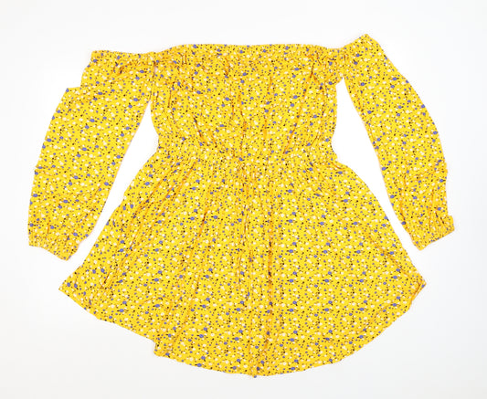 ASOS Womens Yellow Floral Viscose Skater Dress Size 16 Off the Shoulder Pullover