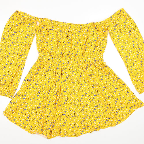 ASOS Womens Yellow Floral Viscose Skater Dress Size 16 Off the Shoulder Pullover
