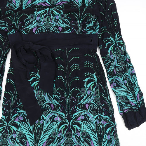 Warehouse Womens Black Geometric Silk Wrap Dress Size 12 V-Neck Tie