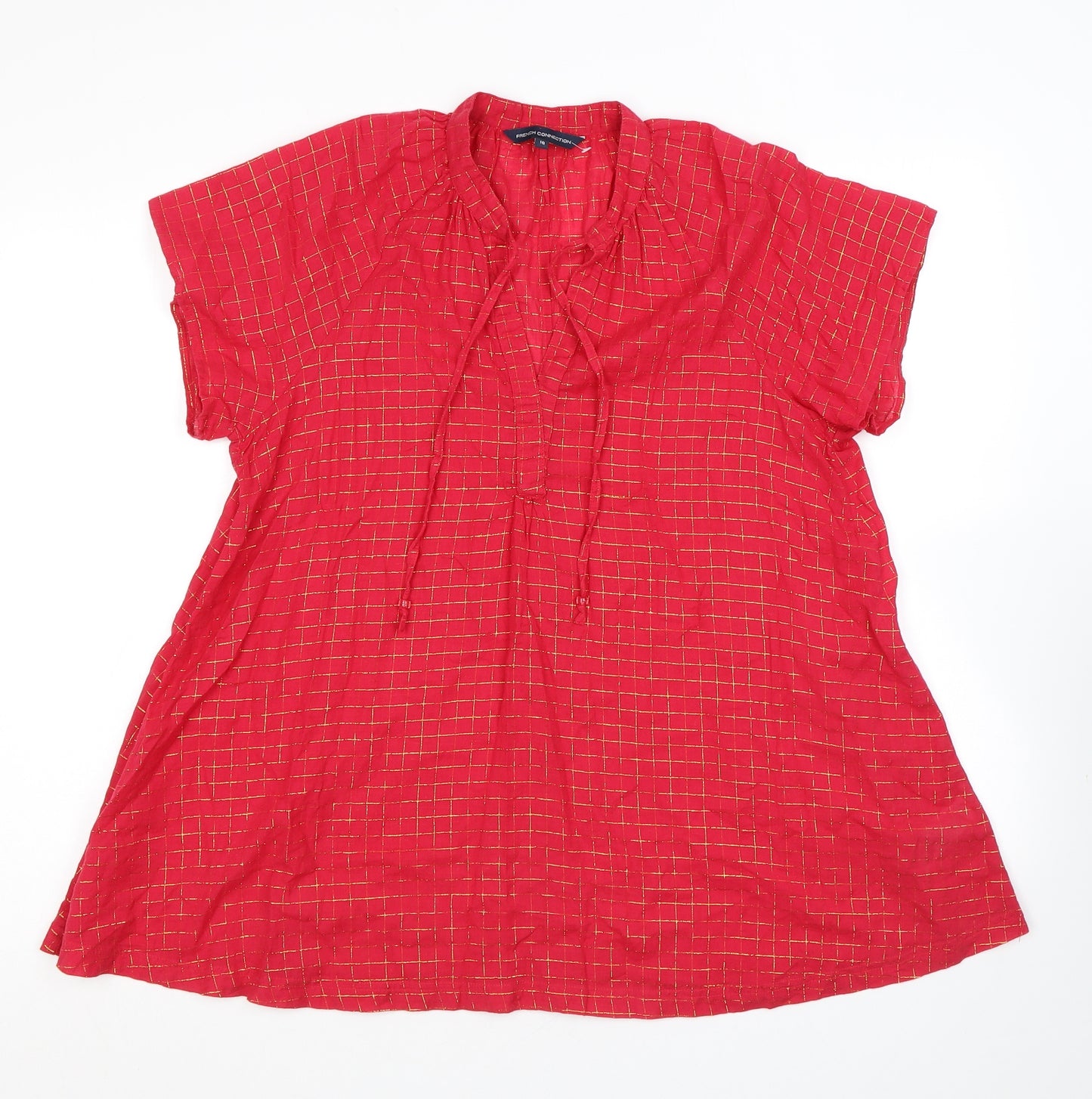 French Connection Womens Red Check Cotton Tunic T-Shirt Size 10 V-Neck