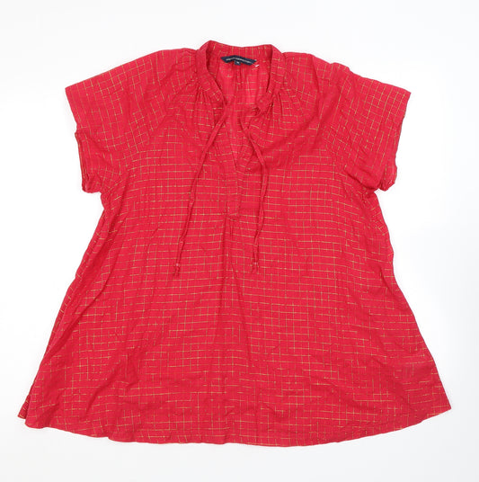 French Connection Womens Red Check Cotton Tunic T-Shirt Size 10 V-Neck
