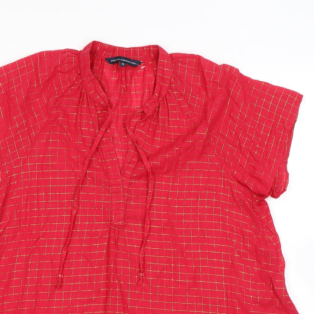 French Connection Womens Red Check Cotton Tunic T-Shirt Size 10 V-Neck