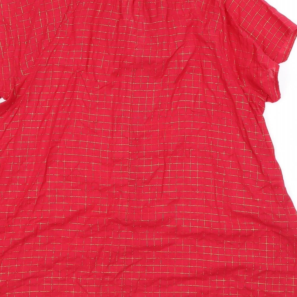 French Connection Womens Red Check Cotton Tunic T-Shirt Size 10 V-Neck