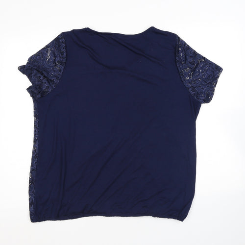 Bonmarché Womens Blue Geometric Polyester Basic T-Shirt Size 18 Round Neck - Lace Overlay