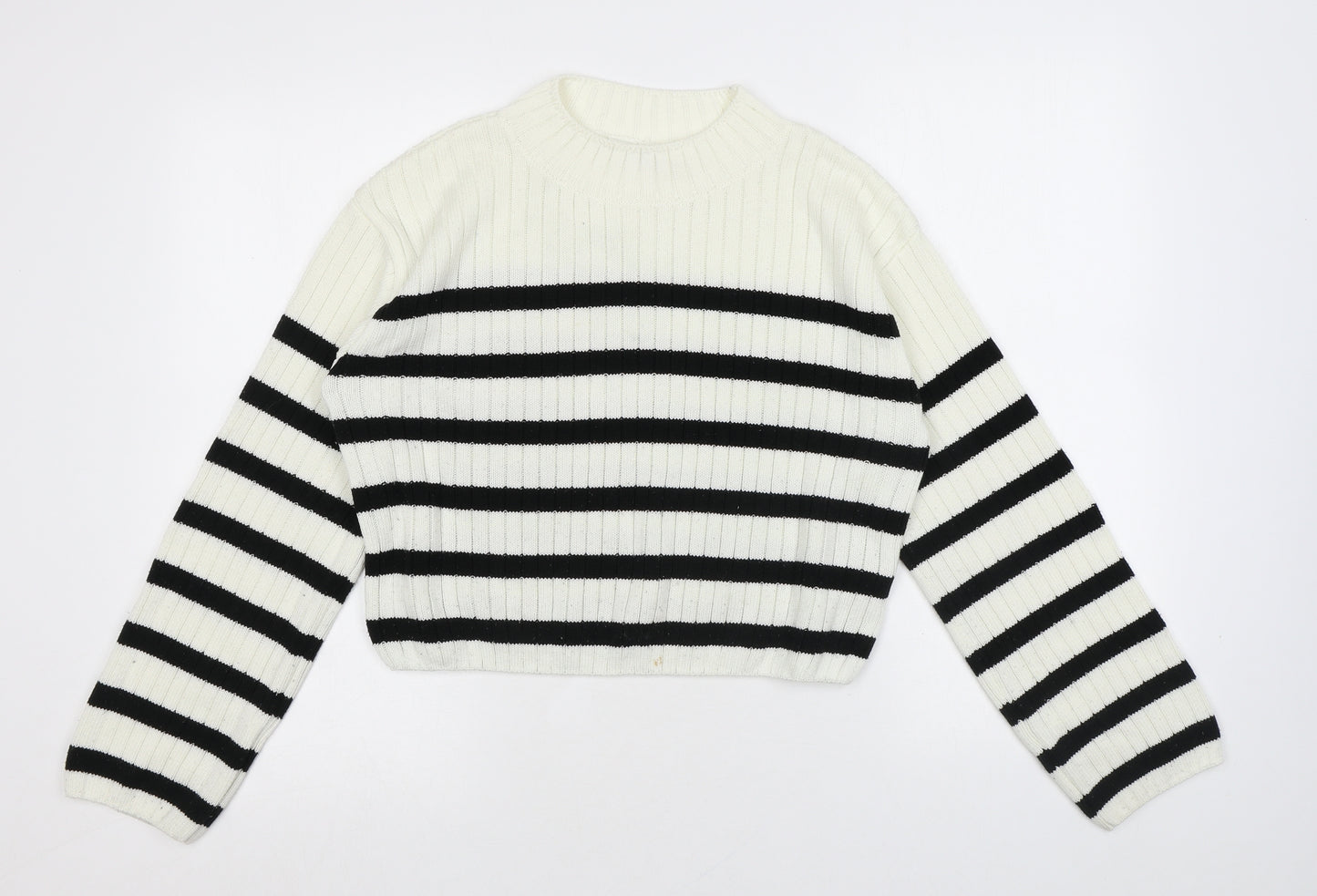 H&M Womens Ivory Round Neck Striped Acrylic Pullover Jumper Size 12 - Size 12-14