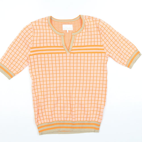 NUMPH Womens Orange V-Neck Check Viscose Pullover Jumper Size XS