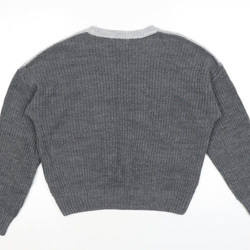 New Look Girls Grey Round Neck Colourblock Acrylic Pullover Jumper Size 12-13 Years Pullover