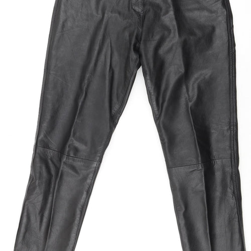 Classic Woman Womens Black Leather Trousers Size 12 L32 in Regular Zip - Raw Hem