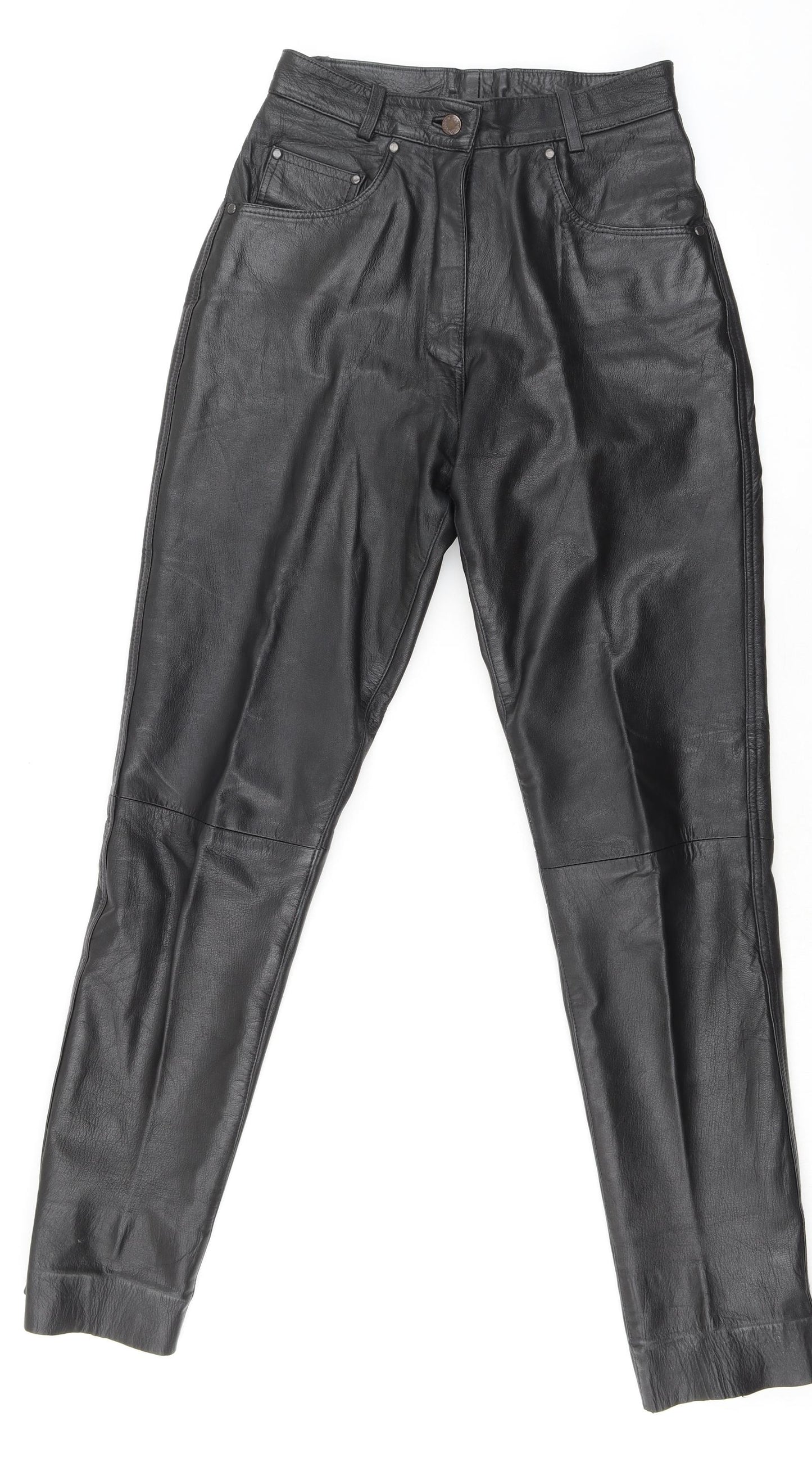 Classic Woman Womens Black Leather Trousers Size 12 L32 in Regular Zip - Raw Hem