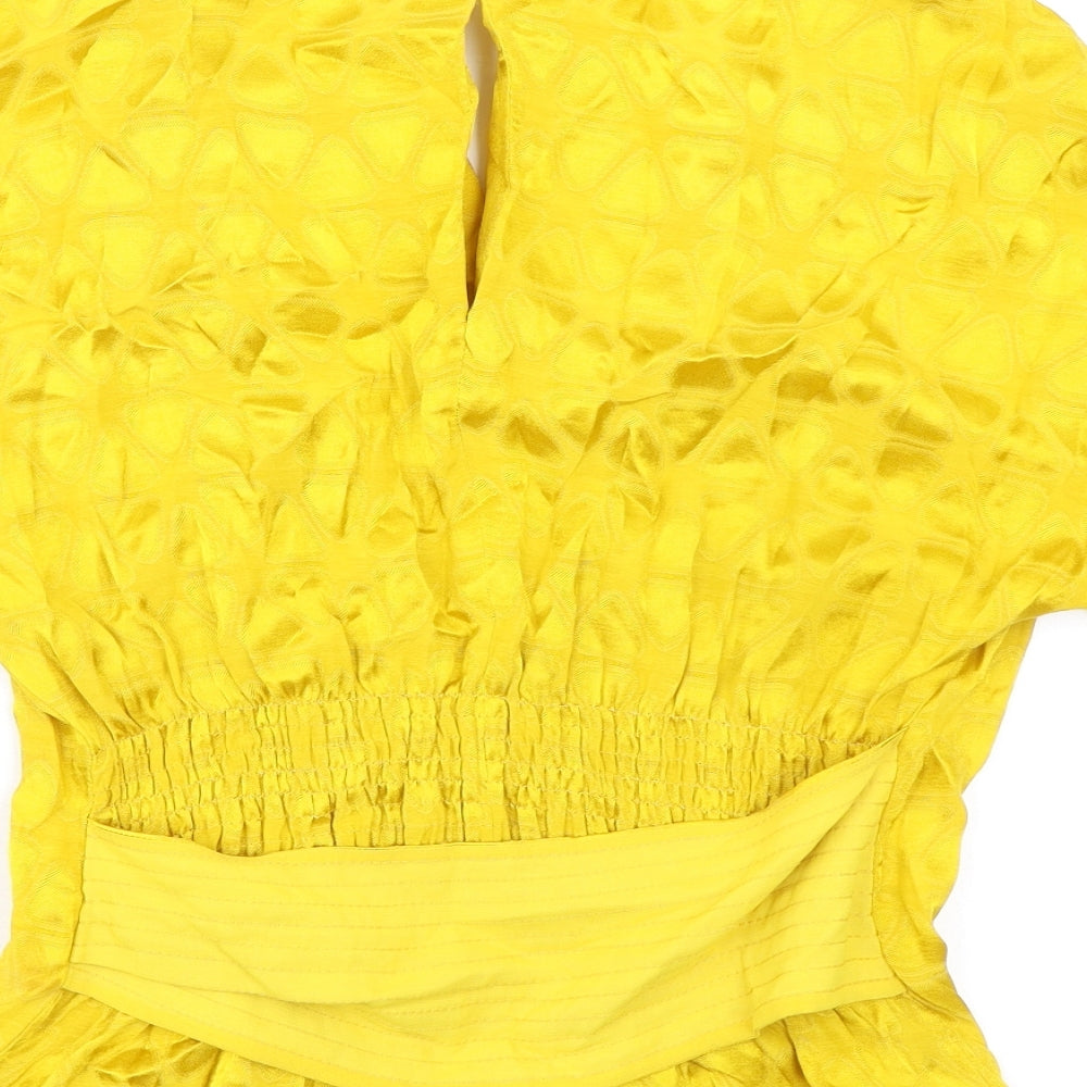 Mango Womens Yellow Geometric Viscose Wrap Blouse Size S V-Neck